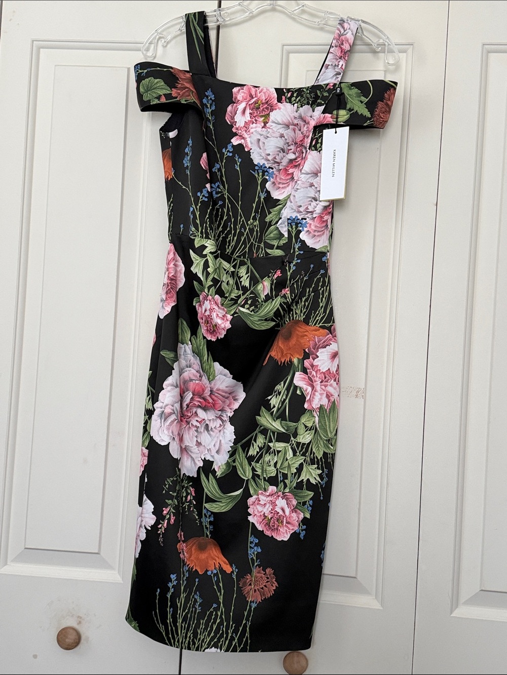 Karen Millen Black Off-Shoulder Midi Dress with Pink & Green Floral Print